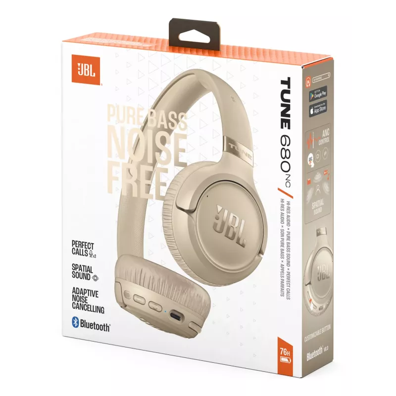 Kõrvaklapid JBL Tune 680NC, juhtmega ja juhtmevaba (Bluetooth, USB-C), supra-auraalne, peakinnitusega, beež, 20–20000 Hz, 161 g
