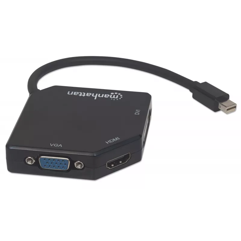 Manhattan Mini DisplayPort 1.2 to HDMI, DVI and VGA adapterkaabel (3-in-1), 25 cm, must, isane emasele, passiivne, HDMI 4K@30Hz, VGA ja DVI 1080p@60Hz, ekvivalentne MDP2VGDVHD, ühildub DVD-D-ga, kolmeaastane garantii, blister
