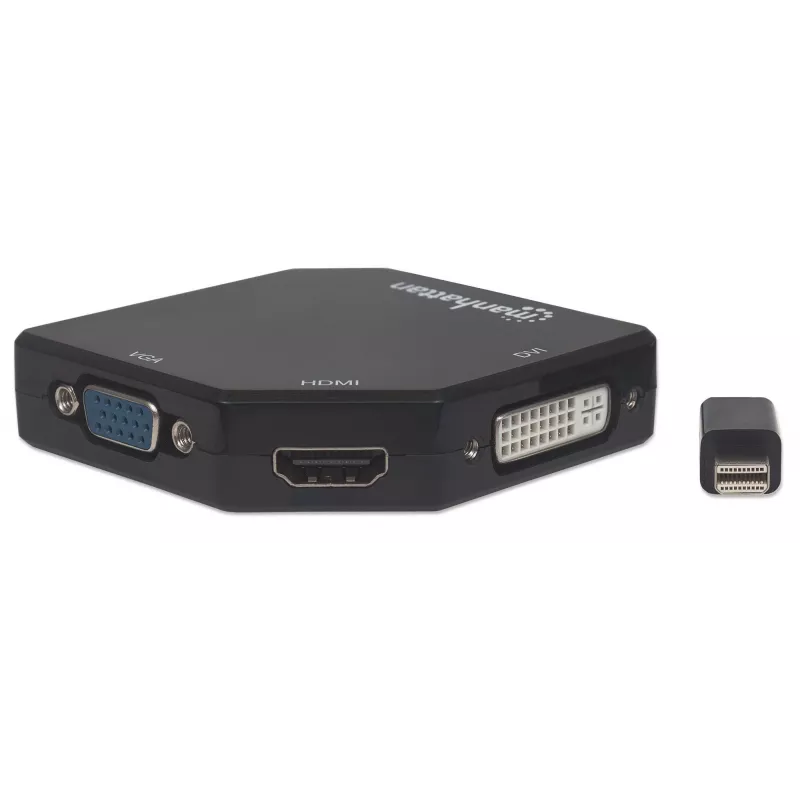 Manhattan Mini DisplayPort 1.2 to HDMI, DVI and VGA adapterkaabel (3-in-1), 25 cm, must, isane emasele, passiivne, HDMI 4K@30Hz, VGA ja DVI 1080p@60Hz, ekvivalentne MDP2VGDVHD, ühildub DVD-D-ga, kolmeaastane garantii, blister