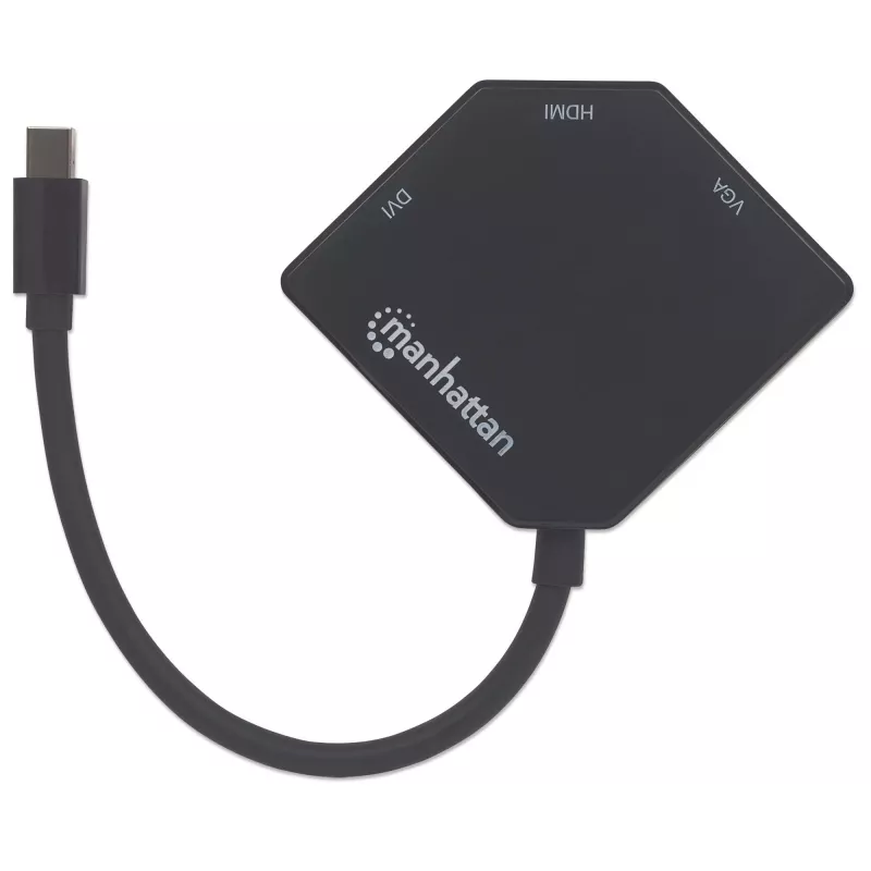 Manhattan Mini DisplayPort 1.2 to HDMI, DVI and VGA adapterkaabel (3-in-1), 25 cm, must, isane emasele, passiivne, HDMI 4K@30Hz, VGA ja DVI 1080p@60Hz, ekvivalentne MDP2VGDVHD, ühildub DVD-D-ga, kolmeaastane garantii, blister