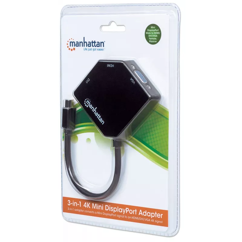 Manhattan Mini DisplayPort 1.2 to HDMI, DVI and VGA adapterkaabel (3-in-1), 25 cm, must, isane emasele, passiivne, HDMI 4K@30Hz, VGA ja DVI 1080p@60Hz, ekvivalentne MDP2VGDVHD, ühildub DVD-D-ga, kolmeaastane garantii, blister