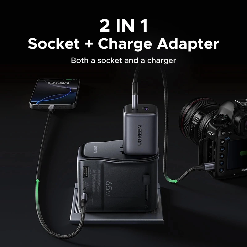 Vahelduvvoolu sisemobiilseadme laadija UGREEN 55001 — 2× USB-C, 100–240V, kiirlaadimine, must/hall