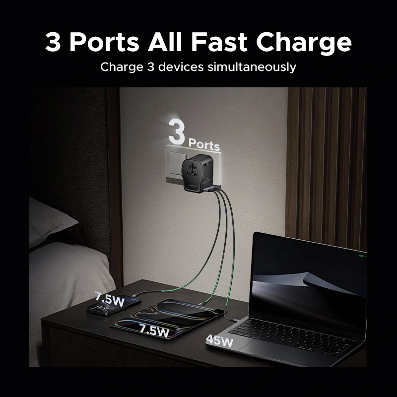 Vahelduvvoolu sisemobiilseadme laadija UGREEN 55001 — 2× USB-C, 100–240V, kiirlaadimine, must/hall