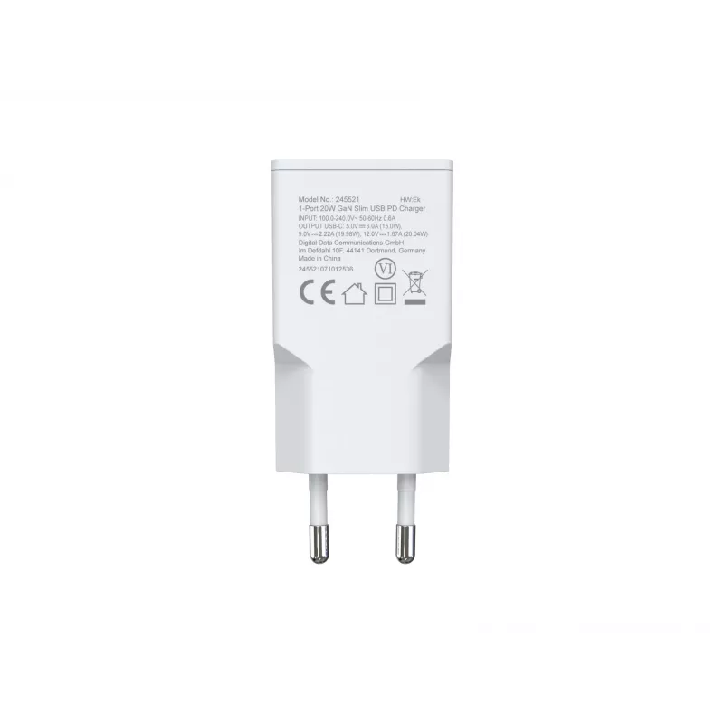 Sein laadija EQUIP 1-Port 20W GaN USB-C PD — 100–240V sisend, 12V maksimaalne väljund, valge