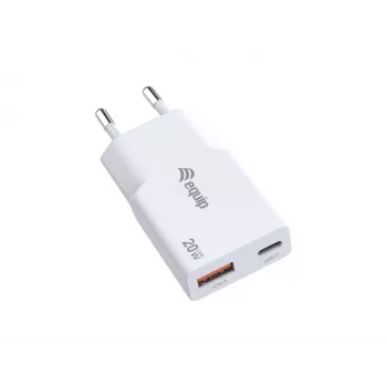 EQUIP 2‑Port 20W GaN õhuke USB PD Charger — USB‑C x1, USB‑A x1, Input 100–240V, Max Output 12V, Valge