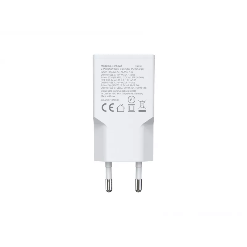 EQUIP 2‑Port 20W GaN õhuke USB PD Charger — USB‑C x1, USB‑A x1, Input 100–240V, Max Output 12V, Valge