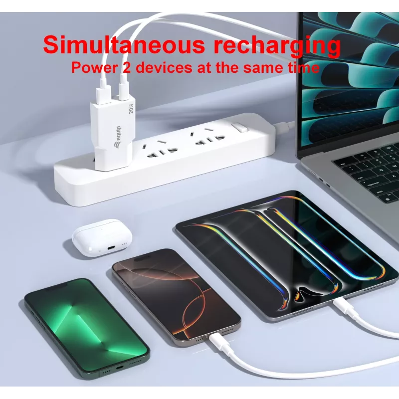 EQUIP 2‑Port 20W GaN õhuke USB PD Charger — USB‑C x1, USB‑A x1, Input 100–240V, Max Output 12V, Valge