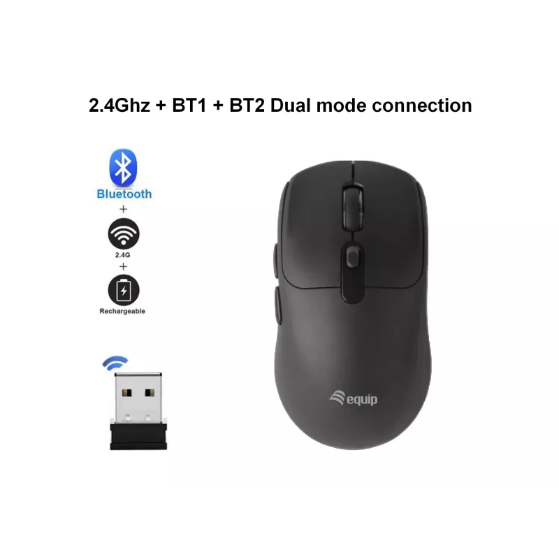 EQUIP mõlemakäeline 6 nupuga kaherežiimiline juhtmevaba hiir, optiline 1600 DPI, RF + Bluetooth, must