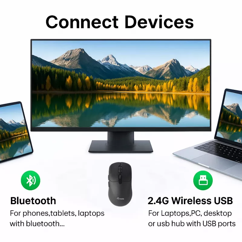 EQUIP mõlemakäeline 6 nupuga kaherežiimiline juhtmevaba hiir, optiline 1600 DPI, RF + Bluetooth, must