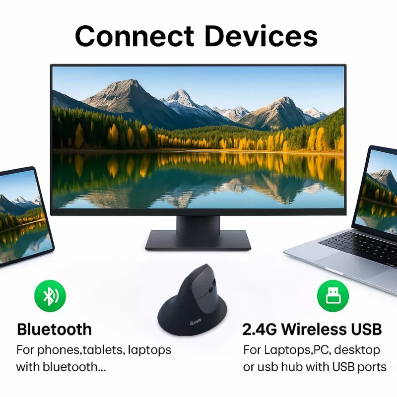 EQUIP ergonoomiline paremakäeline vertikaalne juhtmevaba hiir 1600 DPI, RF juhtmevaba + Bluetooth, taaslaetav, 6 nuppu, must
