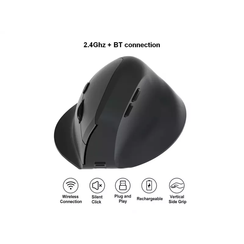 EQUIP ergonoomiline paremakäeline vertikaalne juhtmevaba hiir 1600 DPI, RF juhtmevaba + Bluetooth, taaslaetav, 6 nuppu, must