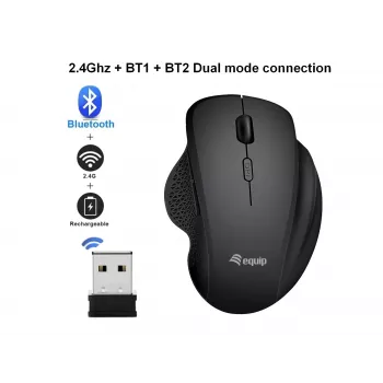 EQUIP 6 nupuga kaherežiimiline laetav juhtmevaba hiir — paremakäeline, optiline 1600 DPI, RF juhtmevaba + Bluetooth, must