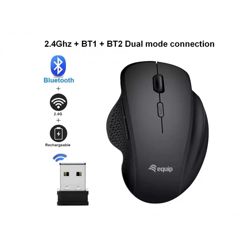 EQUIP 6 nupuga kaherežiimiline laetav juhtmevaba hiir — paremakäeline, optiline 1600 DPI, RF juhtmevaba + Bluetooth, must