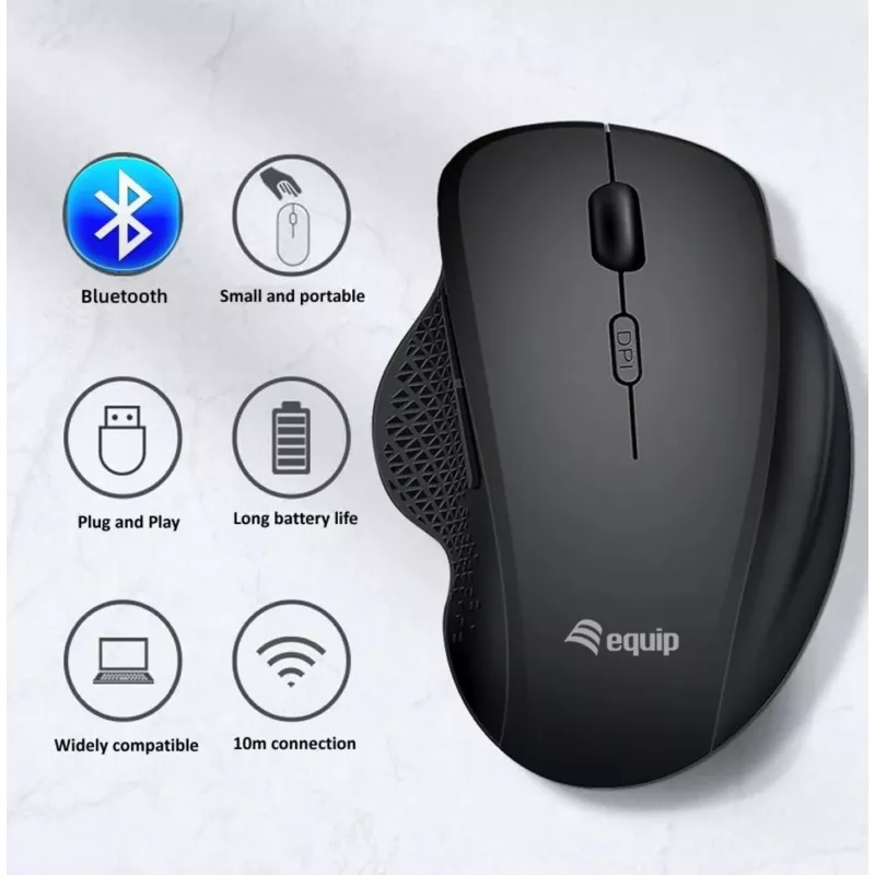 EQUIP 6 nupuga kaherežiimiline laetav juhtmevaba hiir — paremakäeline, optiline 1600 DPI, RF juhtmevaba + Bluetooth, must