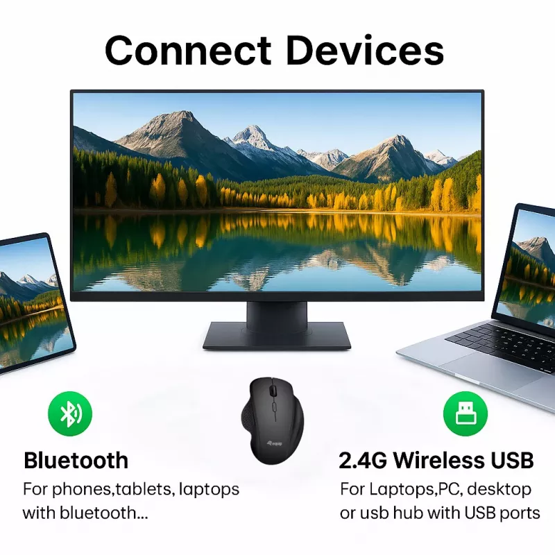 EQUIP 6 nupuga kaherežiimiline laetav juhtmevaba hiir — paremakäeline, optiline 1600 DPI, RF juhtmevaba + Bluetooth, must