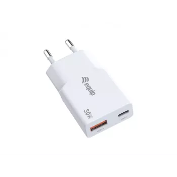 EQUIP 2-Port 30W GaN õhuke USB PD laadija — USB‑C x1, USB‑A x1, 100–240V sisend, max 20V väljund, valge