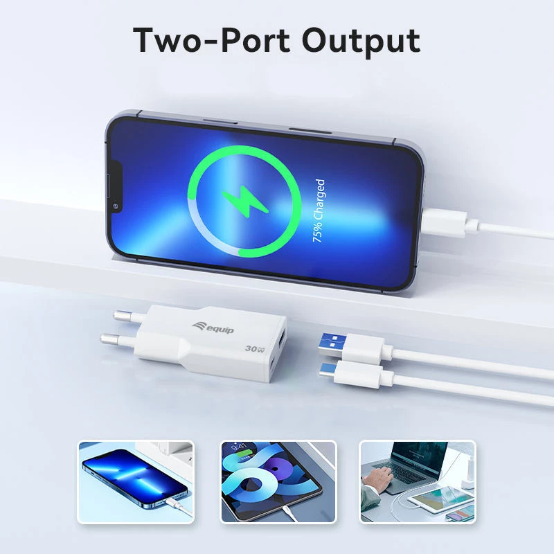 EQUIP 2-Port 30W GaN õhuke USB PD laadija — USB‑C x1, USB‑A x1, 100–240V sisend, max 20V väljund, valge