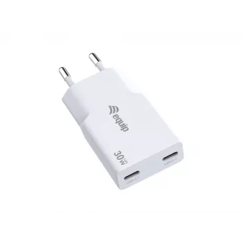EQUIP 2-Port 30W GaN õhuke USB-C PD Charger — 2 USB-C ports, 100–240V input, max 20V output, Valge