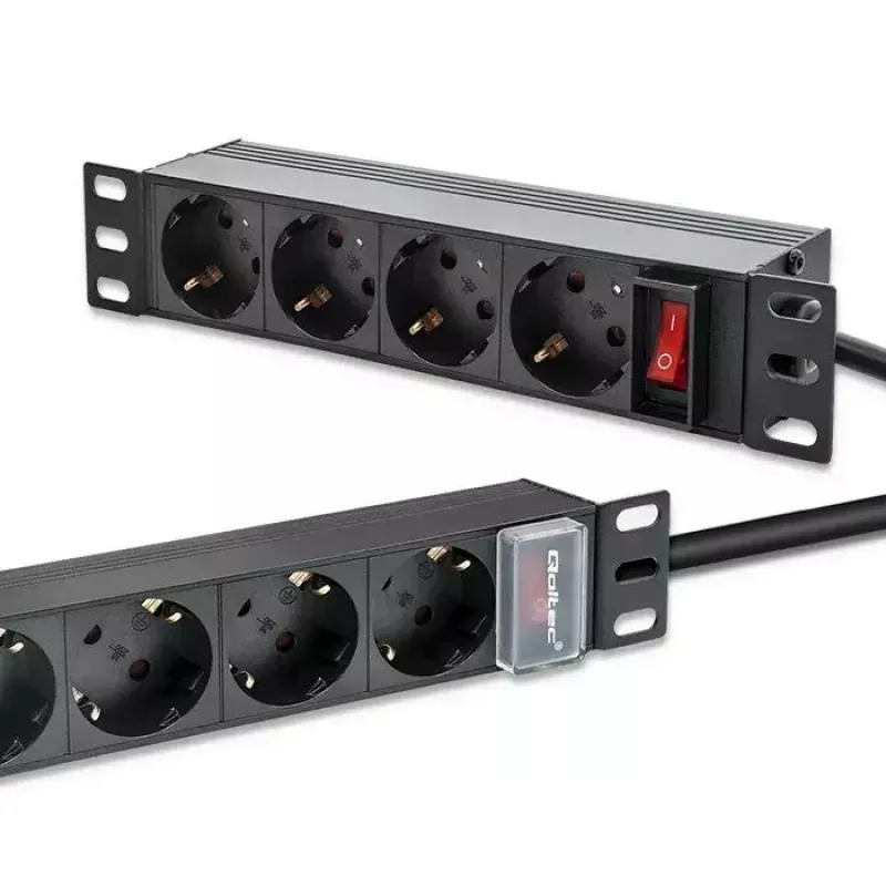 Pistikupesadega liist QOLTEC 54603 — 1U rack-kinnitatav, 16A sisend, 4× SCHUKO pistikupesa