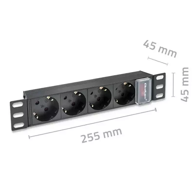 Pistikupesadega liist QOLTEC 54603 — 1U rack-kinnitatav, 16A sisend, 4× SCHUKO pistikupesa