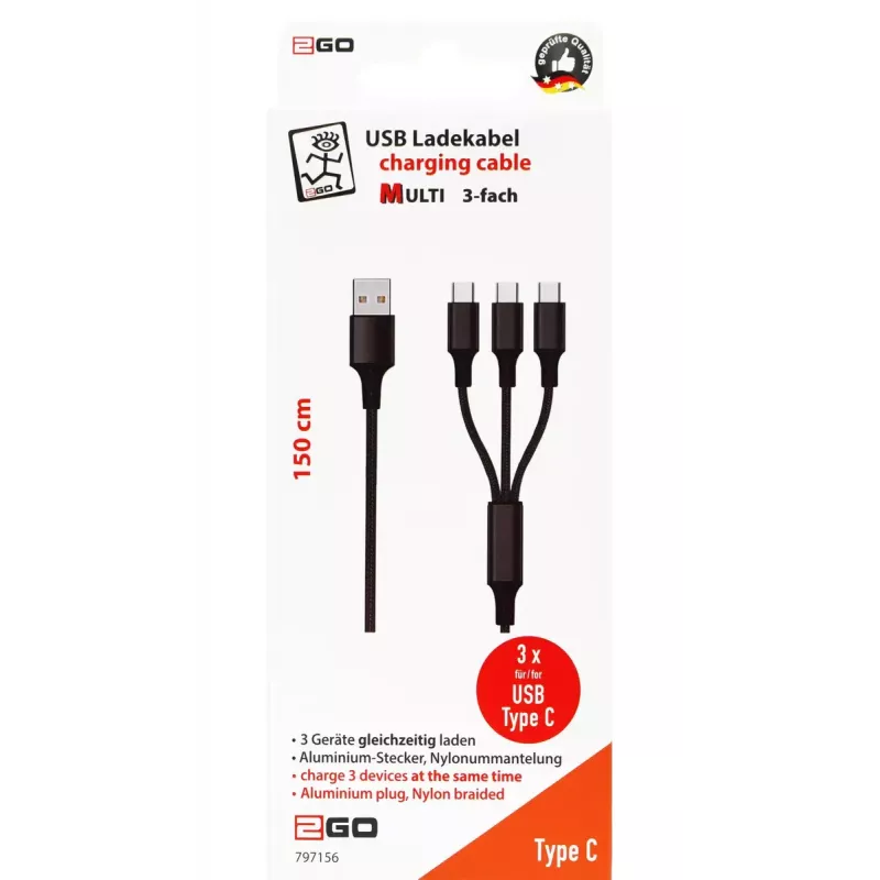 USB-kaabel 2GO 797156 1,5 m USB B 3 x USB C Must