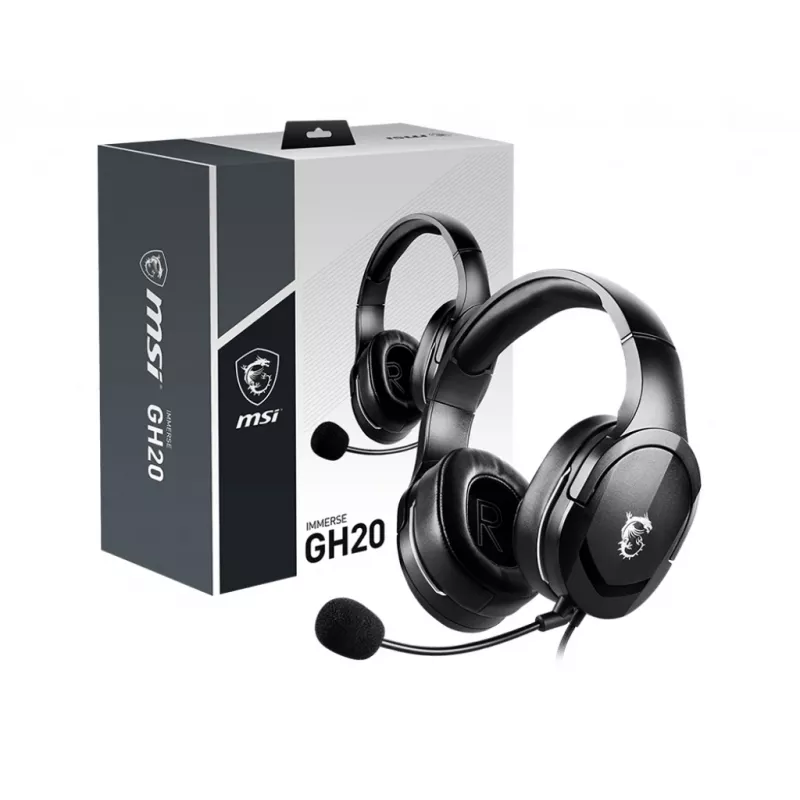 MSI IMMERSE GH20 mängupeakomplekt '3,5 mm inline helijagaja tarvikuga, must, 40 mm draiverid, ühesuunaline mikrofon, PC ja platvormideülene ühilduvus'