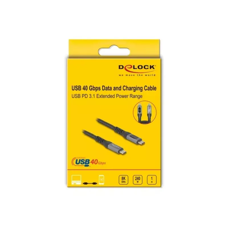DeLOCK USB 40 Gbps andme- ja kiirlaadimiskoaksiaalkaabel 1 m USB PD 3.1 240 W