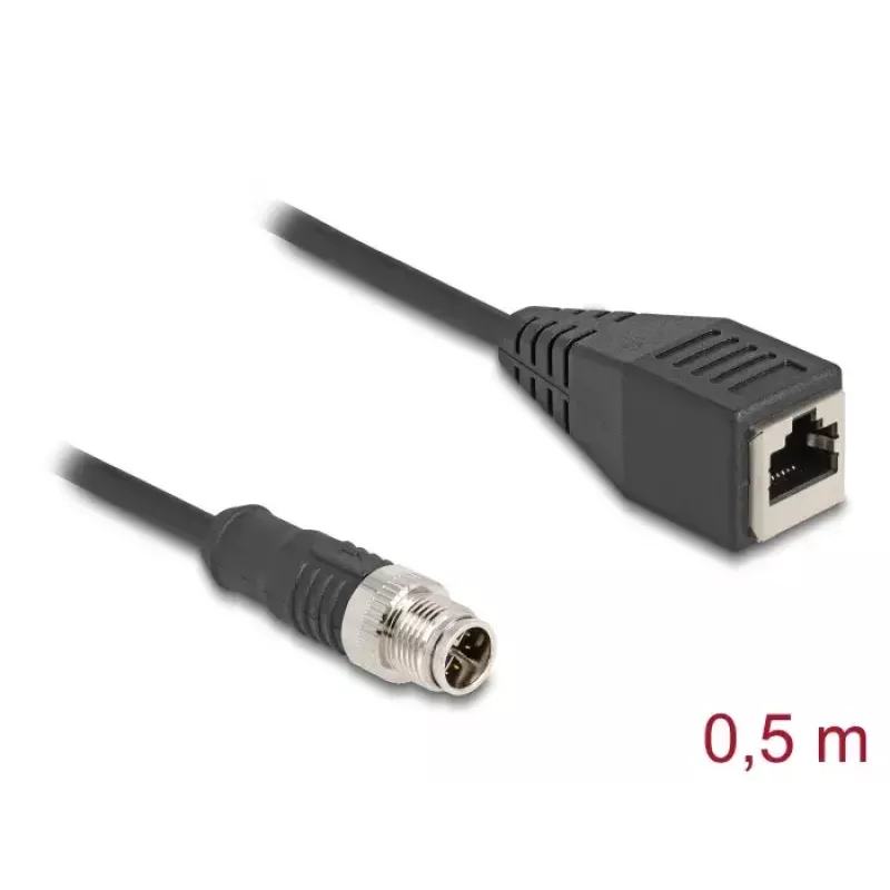 Võrgukaabel DeLOCK M12 kaabel X-kodeeritud 8 kontaktiga isane RJ45 emasele Cat5e 0,5 m must