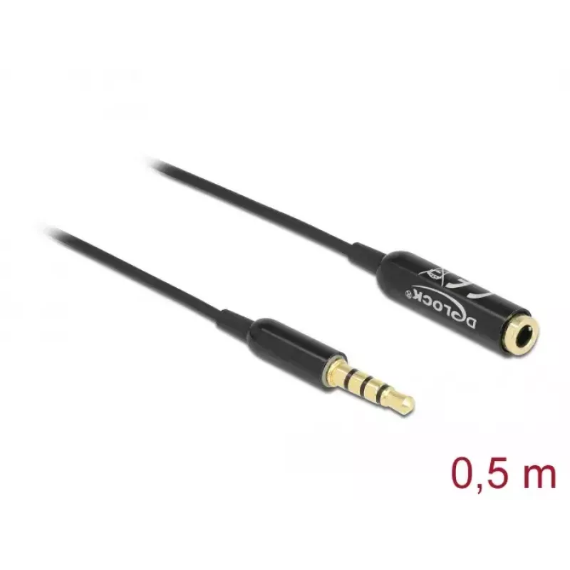 Audio pikenduskaabel DeLOCK 66074 3,5 mm 4 pin isane pistik emasele Ultra õhuke 0,5 m must