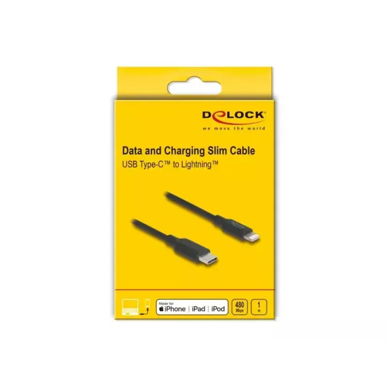 Kaabel DELOCK USB-C Lightningule õhuke 1 m, Lightning ↔ USB-C, 9 V 3 A, 3,3 mm, MFi