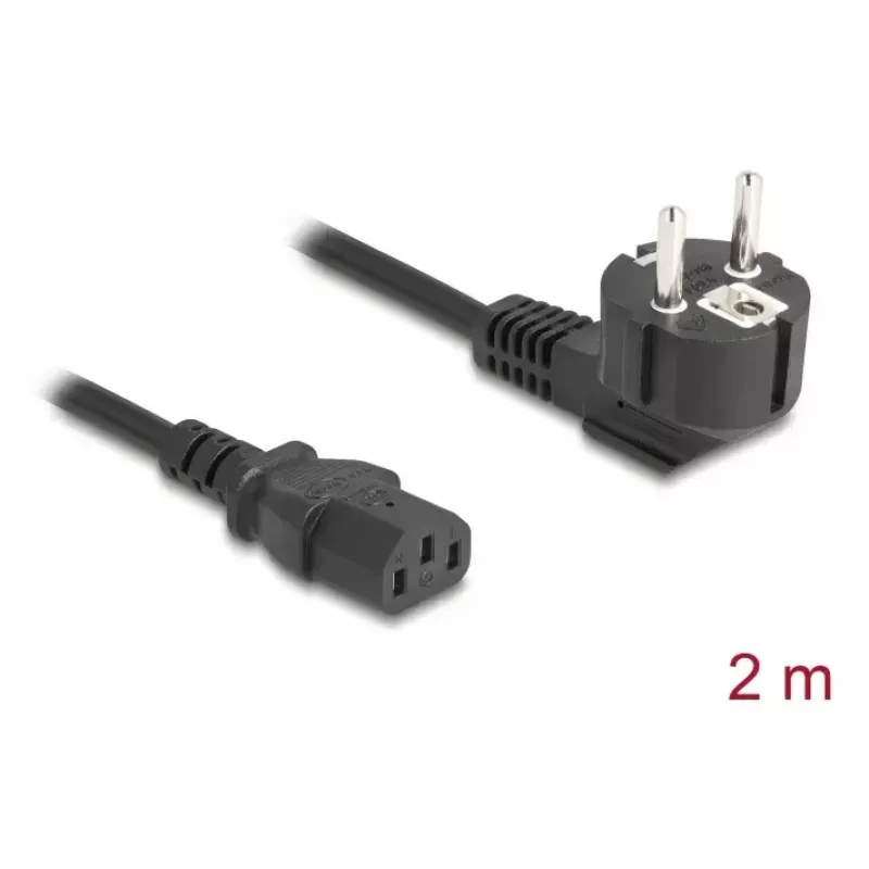 Arvuti toitekaabel DELOCK 81326 — maandatud CEE 7/7 (90°) pistiku ja IEC C13 pesaga, 2 m, 3×0,75 mm², must