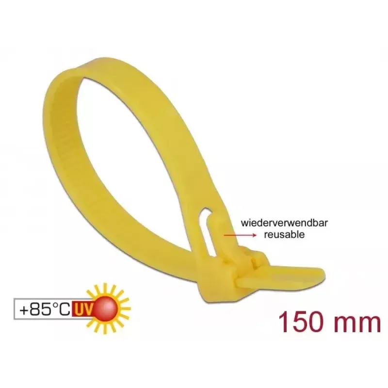 Vabastatav kaabliside DELOCK 18760 — Nailon, 150×7,5 mm, Kollane, 100 tk