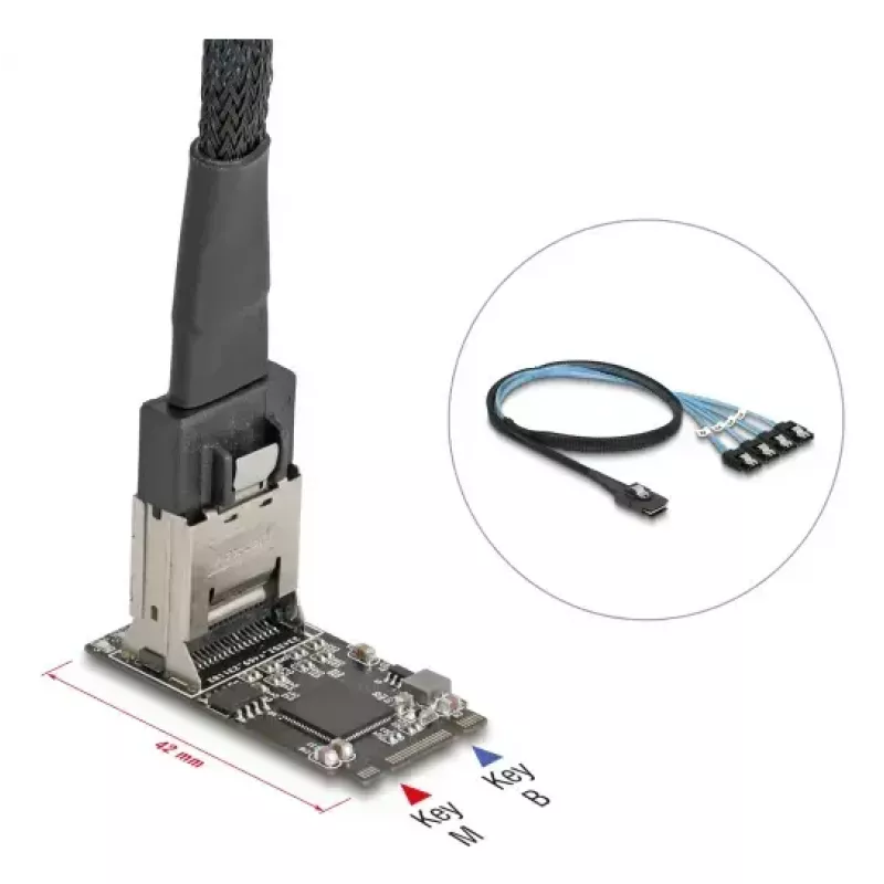 DELOCK sisemine M.2 Mini-SAS-ile adapterkaart 64260, M.2 host, Mini-SAS väljund, JMicron JMB585, must, LED
