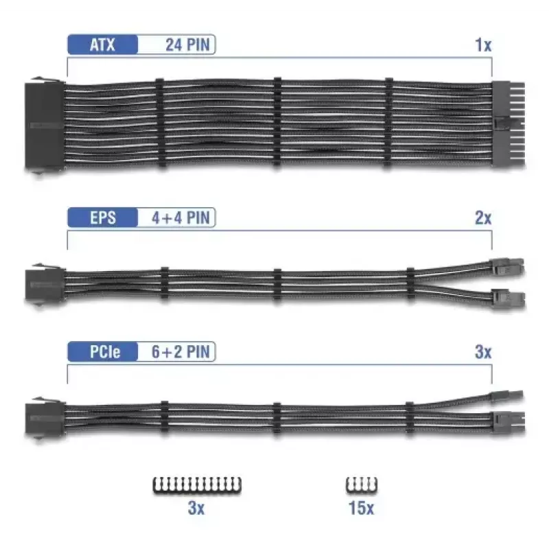 DELOCK PSU pikenduskaablikomplekt 30 cm, 6-osaline varrukaga (1×24‑kontaktiline ATX, 2×4+4‑kontaktiline EPS, 3×6+2‑kontaktiline PCIe) must