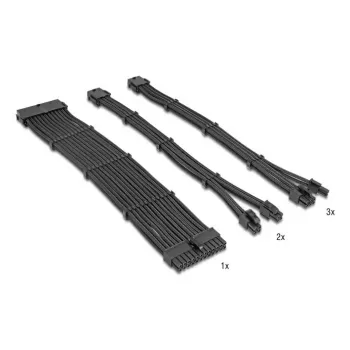 DELOCK PSU pikenduskaablikomplekt 30 cm, 6-osaline varrukaga (1×24‑kontaktiline ATX, 2×4+4‑kontaktiline EPS, 3×6+2‑kontaktiline PCIe) must