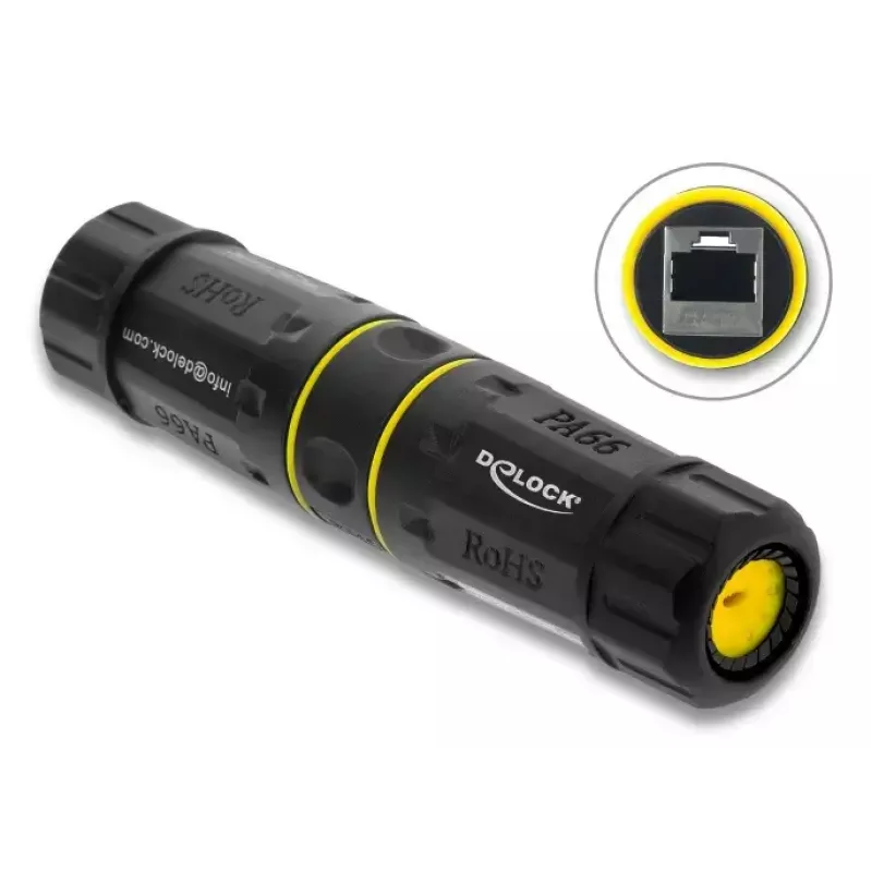 Pistikupesa adapter DELOCK RJ45 pesa RJ45 pesale M23 keermega Cat.6a/Cat.7 jaoks, IP68, must