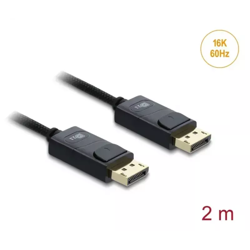 DELOCK koaksiaalne DisplayPort-kaabel 16K 60 Hz 80 Gbps, DisplayPort-DisplayPort, 2 m, must, punutud kate