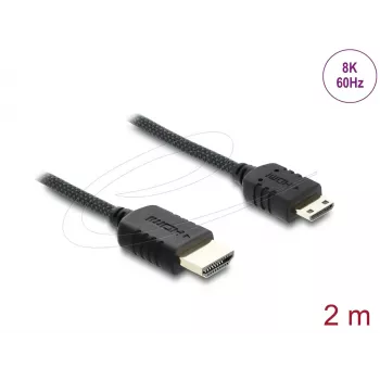 HDMI-kaabel DELOCK 81688 — 2 m, HDMI Type A (isane) to HDMI Type C (Mini, isane), 48 Gbit/s, kuni 7680×4320, kullatud kontaktidega, must