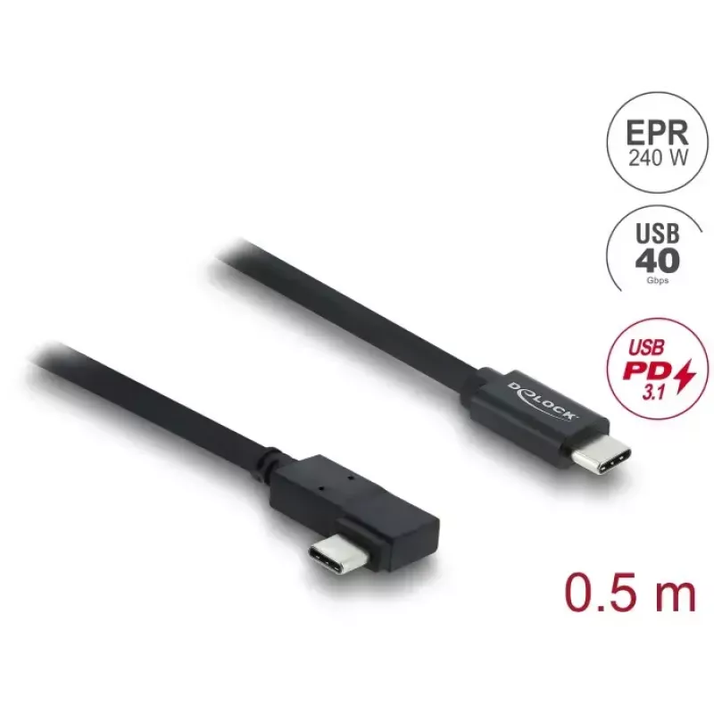 DELOCK koaksiaalne USB4 Gen 3x2 kaabel nurga all vasak/parem USB-C kuni USB-C 40 Gbps USB PD 3.1 240 W 0,5 m