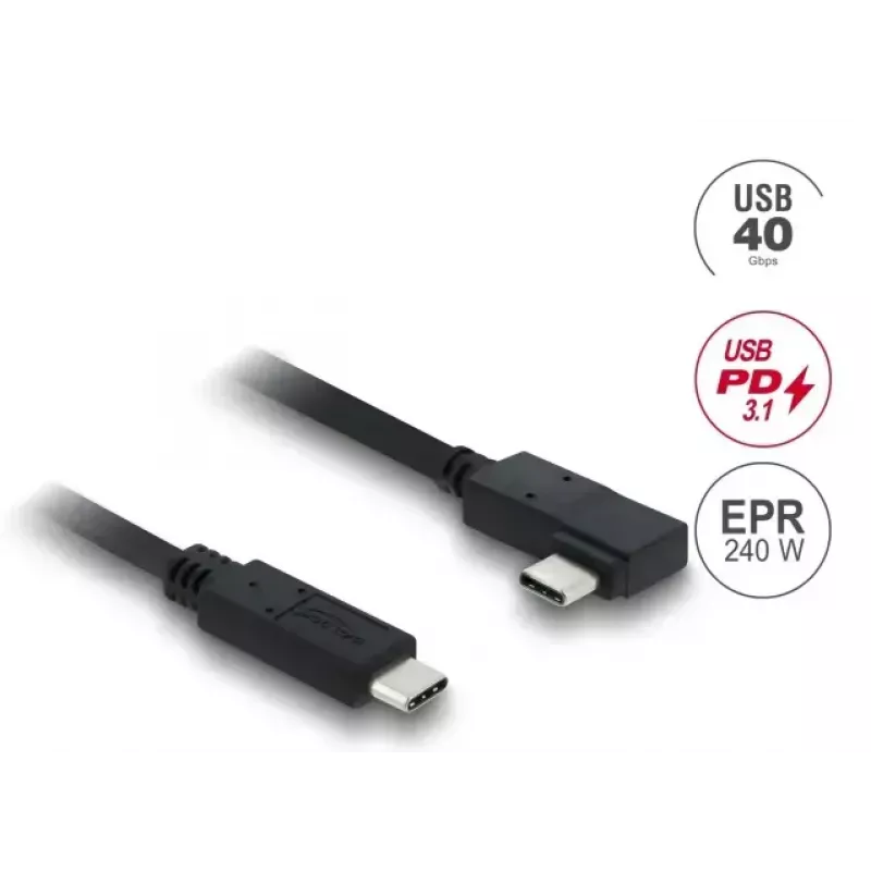 DELOCK Koaksiaalne USB4 Gen 3x2 kaabel USB-C – USB-C 40 Gbps PD 3.1 240 W vasak-/paremnurkne 1 m