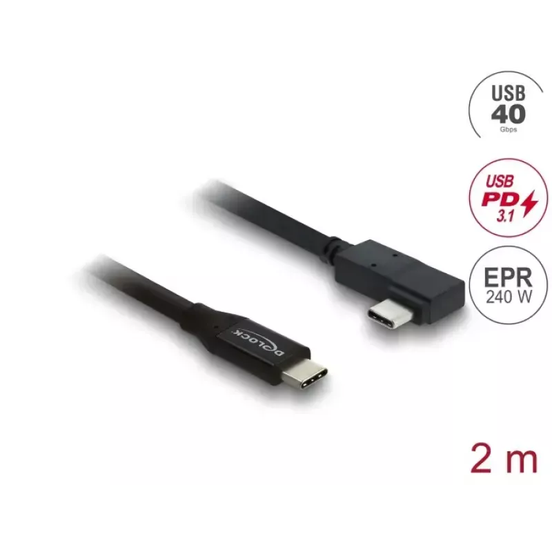 DELOCK koaksiaalne USB4 Gen 3x2 40 Gbps USB-C–USB-C nurga vasak/parem PD 3.1 240 W kaabel, 2 m