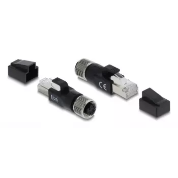 DELOCK M12 D-kodeeritud adapter 4-kontaktiline emane RJ45-pistikule, kullatud kontaktidega, must