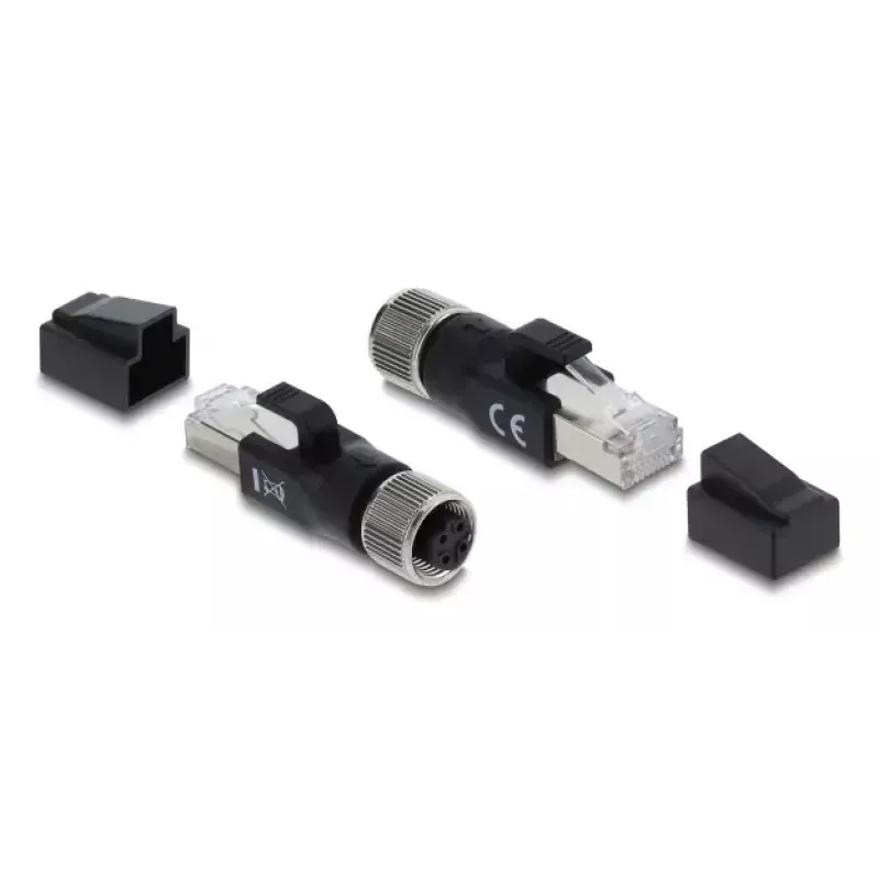 DELOCK M12 D-kodeeritud adapter 4-kontaktiline emane RJ45-pistikule, kullatud kontaktidega, must