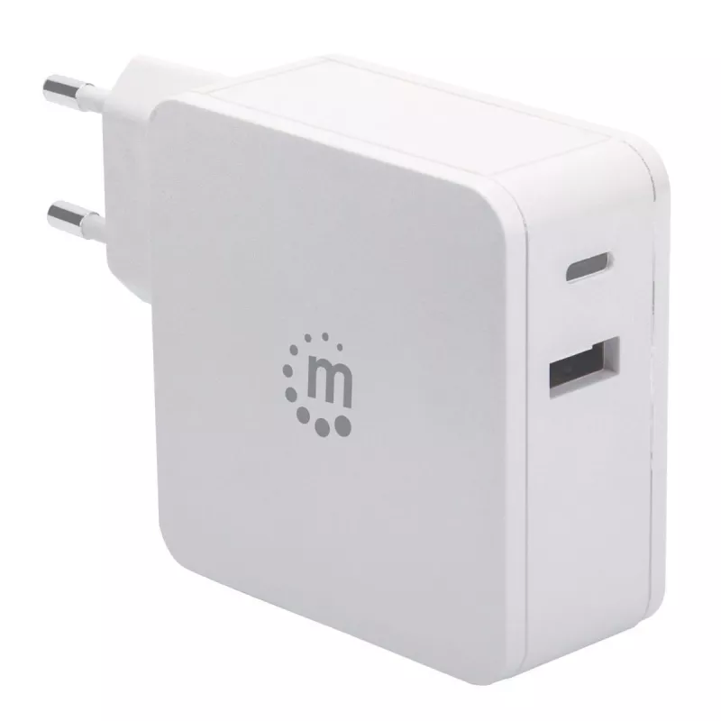 Manhattan sein-/toiteadapter (Euro 2-kontaktiline), USB-C- ja USB-A-pordid, USB-C väljund: 45 W / 3 A, USB-A väljund: 2,4 A, valge, kolmeaastane garantii, karp