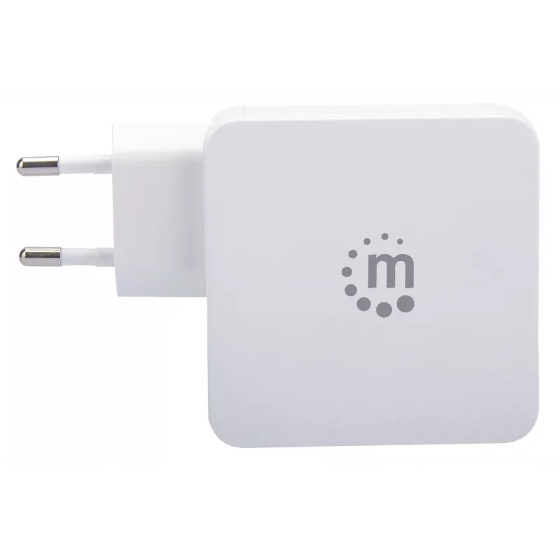 Manhattan sein-/toiteadapter (Euro 2-kontaktiline), USB-C- ja USB-A-pordid, USB-C väljund: 45 W / 3 A, USB-A väljund: 2,4 A, valge, kolmeaastane garantii, karp
