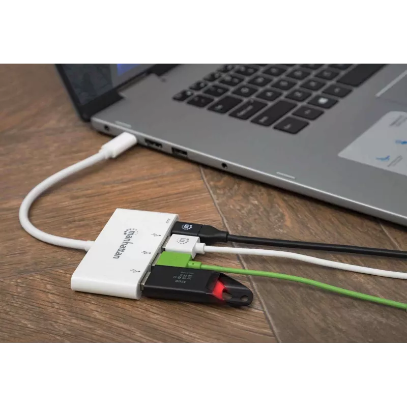 Manhattan USB-C dokk/jaotur, pordid (x4): USB-A (x3) ja USB-C, 5 Gbps (USB 3.2 Gen 1 ehk USB 3.0), toiteedastusega (60 W) USB-C porti (märkus: vajalik on täiendav USB-C seinaklaadija ja USB-C kaabel), universaalne kõikidele seadmetele, SuperSpeed USB, 3-aastane garantii