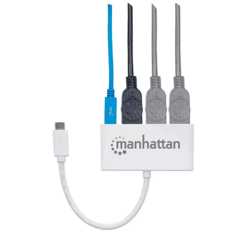 Manhattan USB-C dokk/jaotur, pordid (x4): USB-A (x3) ja USB-C, 5 Gbps (USB 3.2 Gen 1 ehk USB 3.0), toiteedastusega (60 W) USB-C porti (märkus: vajalik on täiendav USB-C seinaklaadija ja USB-C kaabel), universaalne kõikidele seadmetele, SuperSpeed USB, 3-aastane garantii