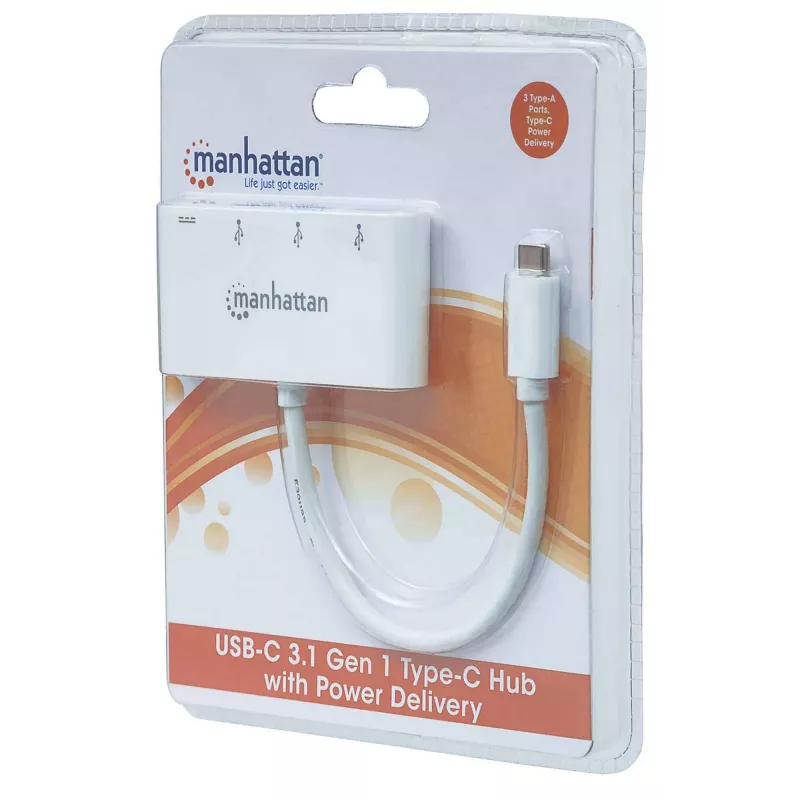 Manhattan USB-C dokk/jaotur, pordid (x4): USB-A (x3) ja USB-C, 5 Gbps (USB 3.2 Gen 1 ehk USB 3.0), toiteedastusega (60 W) USB-C porti (märkus: vajalik on täiendav USB-C seinaklaadija ja USB-C kaabel), universaalne kõikidele seadmetele, SuperSpeed USB, 3-aastane garantii