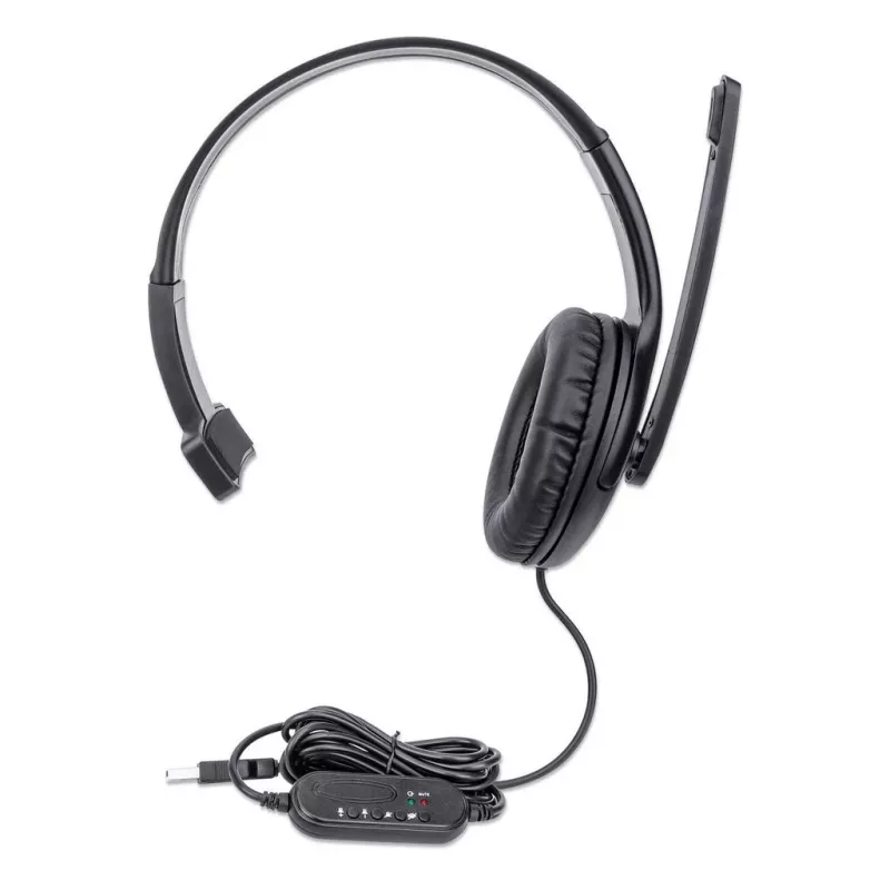Manhattan Mono Over-Ear Headset (USB), mikrofonipoom (polsterdatud), jaemüügikarp, reguleeritav peavõru, juhtmega helitugevuse reguleerimine, kõrvapadi, USB-A nii heli kui mikrofoni jaoks, kaabel 1,5 m, kolmeaastane garantii