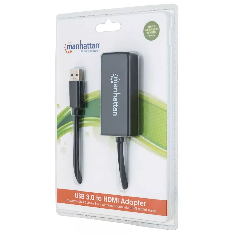 Manhattan USB-A–HDMI adapterkaabel, 60 cm, isane–emane, 5 Gbit/s (USB 3.2 Gen1 e. USB 3.0), 2560×1440 @ 32-bitine värv, Full HD video 1080p@16:9, must, blister
